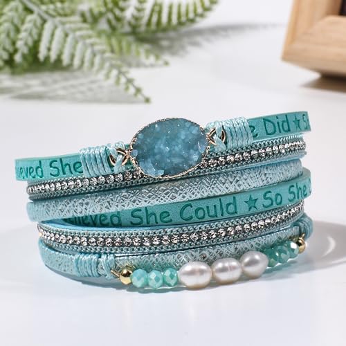 Artilady Leather Wrap Bracelet for Women, Pearl Beaded Bangle Stack Jewelry | Easy on-off, Elegant Handmade Multi-Layered, Daily Casual Date Beach Vacation, Gift for Ladies, Mother, Sister & Friend - style: So She Did, Blue