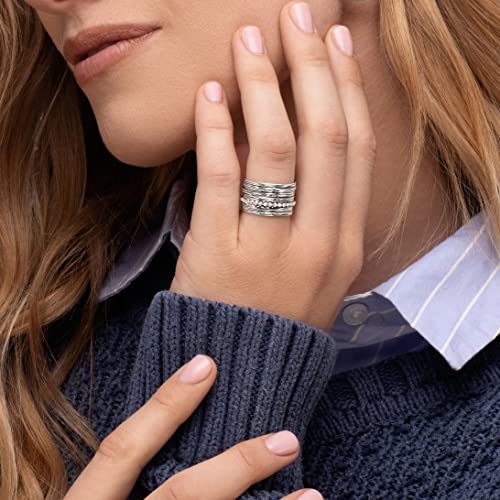 Jean Rachel Jewelry 925 Sterling Silver Wide Ring Multi Texture and Beads, Oxidized, Vintage Look Stylish Hypoallergenic, Nickel and Lead-free, Artisan Handcrafted Designer Collection (Size 5-11)