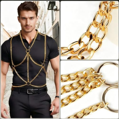 Men's Chest Belt Chain Costume Fashion Festival Outfit | Male Goth Shirt Shoulder Belt Mens Rave Outfit for Festival Party Rave Halloween Cosplay - color: Gold