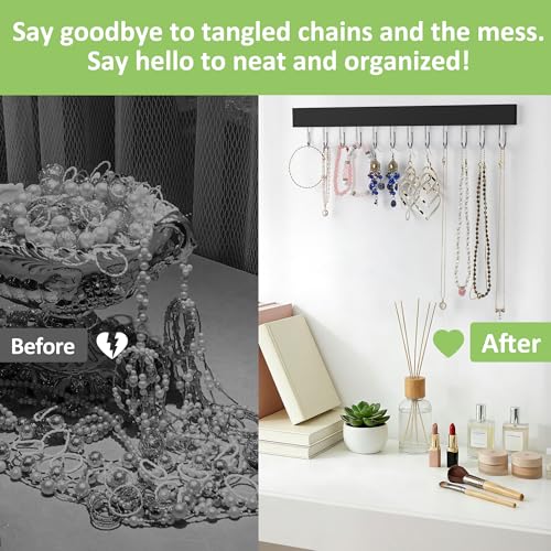 Jewelry Organizer Wall Mounted 2 Pack, Wooden Necklace Holder Wall Hanger with 24 Hooks for Hanging Necklaces and Jewelry Storage, Black - color: Black