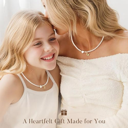 Turandoss Pearl Initial Necklaces for Women Trendy, Dainty 14K Gold Plated Heart Initial Pearl Pendent Necklace Bridesmaid Proposal Jewelry Personalized Gifts for Women Girls - color: A.