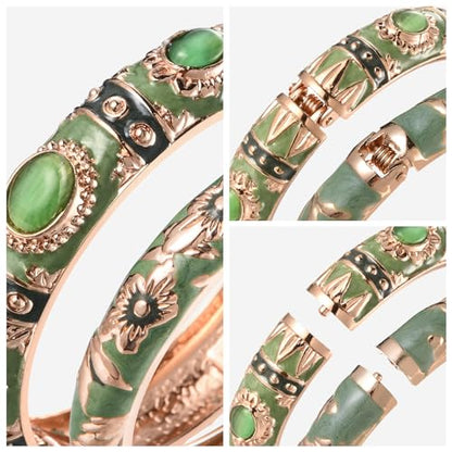 UJOY Cloisonne Bracelet Lotus Flower Plated Cuff Bangle Enameled Jewelry Bracelets Gift for Women Pack in Case 88B16 - color: 7735-2 Pcs Set-Green