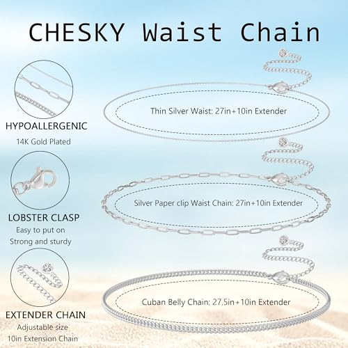 CHESKY 14K Gold Plated Waist Chain for Women, Layered Waist Beads | Silver Plated Gold Body Chains, Beach Summer, Waterproof Snake Belly Belt Chain, Festival Jewelry Accessories for Women - style: 3layer-sl