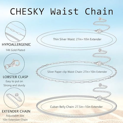 CHESKY 14K Gold Plated Waist Chain for Women, Layered Waist Beads | Silver Plated Gold Body Chains, Beach Summer, Waterproof Snake Belly Belt Chain, Festival Jewelry Accessories for Women - style: 3layer-sl