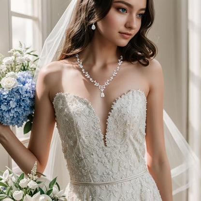 Gorgeous Wedding Jewelry Set for Women Bridal Cubic Zirconia Marquise Teardrop Leaf Cluster Y-Necklace Dangle Earrings Link Bracelet - color: 2PCS Clear