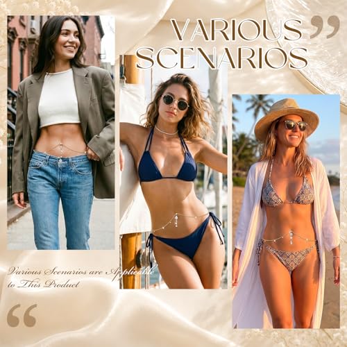 Hicarer 3 Pieces Crystal Belly Ring with Chain Rhinestone Waist Body Chain Bikini Belly Jewelry Beach Accessories Jewelry for Women Adults - color: Gold, style: Attractive Style