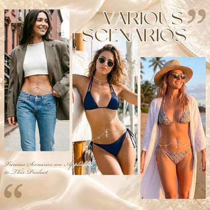 Hicarer 3 Pieces Crystal Belly Ring with Chain Rhinestone Waist Body Chain Bikini Belly Jewelry Beach Accessories Jewelry for Women Adults - color: Gold, style: Attractive Style