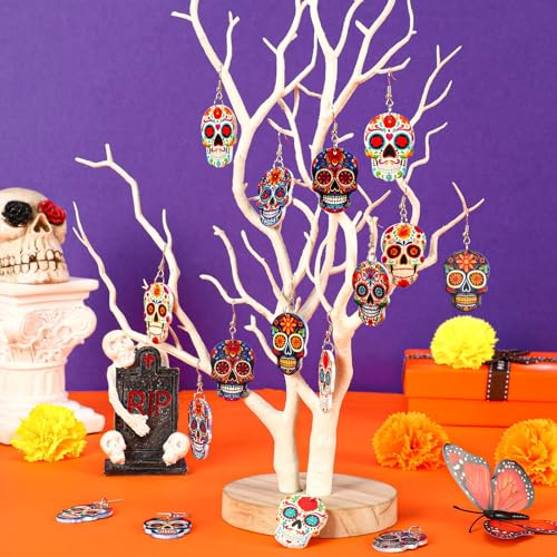 8 Pairs Day of the Dead Earrings for Women Skull Acrylic Jewelry | Dia De Los Muertos Earrings, Festive Sugar Flower Skull Dangle, Day of the Dead Jewelry Gifts, Acrylic Material, Double Side - style: Day of the Dead