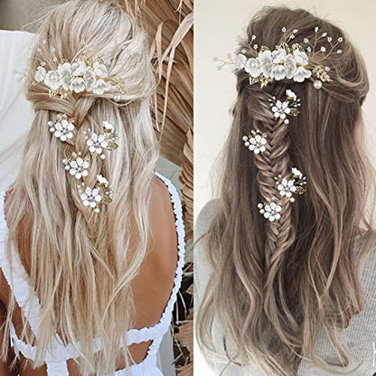5 PCS Bridal Flower Wedding Hair Pins Crystal Pearl Hair Clips Headpiece Gold Wedding Hair Accessories Jewelry with Rhinestone for Brides Bridesmaids Women Girls Updo (Pure White Flower) - color: Flourish Flowers Series&Pure White Flower