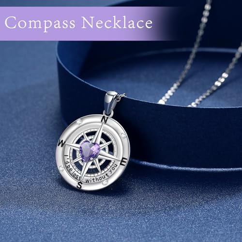Compass Necklace Sterling Silver Nautical Graduation Gift | 925 Sterling Silver compass pendant with meaningful nautical design, jewelry for women, graduation and travel gift - color: Purple