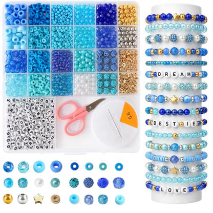 1900 PCS Blue Mixed Beads for Jewelry Making, Bracelet Making Kit with Alphabet Beads, Clay Beads, Pony Beads, Seed Beads and Pearls for DIY Jewelry Crafts