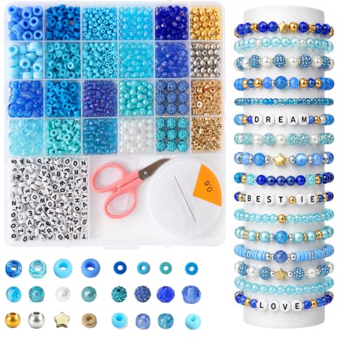 1900 PCS Blue Mixed Beads for Jewelry Making, Bracelet Making Kit with Alphabet Beads, Clay Beads, Pony Beads, Seed Beads and Pearls for DIY Jewelry Crafts