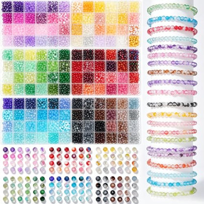 Gaspletu 7200PCS 6mm Glass Beads Bracelet Making Kit, 144 Colors Crystal Beads for Jewelry Making, 6 Box Round Beads Suitable for Beginners - color: 6 Box 6mm