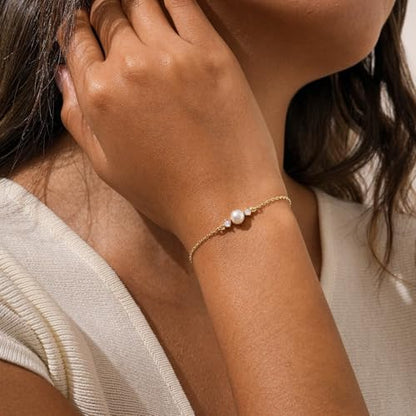 Bracelets for Women, Dainty Gold Silver Ring Bracelet Hand Chain | Cubic Zirconia Pearl Charms, 14K Gold Plated, Adjustable Fit, Trendy Stackable Link Chain, Waterproof Jewelry, Gift for Her - color: Gold-pearl cz bracelet