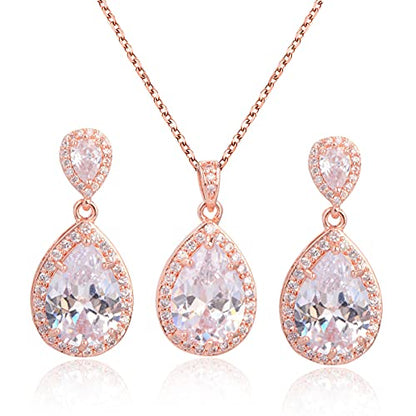 Bridal Jewelry Set for Wedding - 18k Plated Teardrop CZ Crystal Cubic Zirconia Rhinestone Necklace Earrings Set for Bride Bridesmaids Mother of Bride Party Prom Birthstone Costume Jewelry - color: 14k rose gold plated