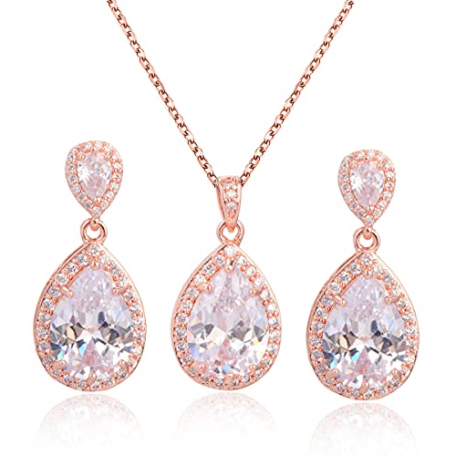 Bridal Jewelry Set for Wedding - 18k Plated Teardrop CZ Crystal Cubic Zirconia Rhinestone Necklace Earrings Set for Bride Bridesmaids Mother of Bride Party Prom Birthstone Costume Jewelry - color: 14k rose gold plated