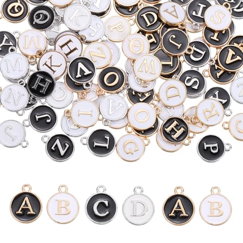 MECCANIXITY Letter Initial Charm Double Sided Alphabet Pendants A-Z Letter Charm for Jewelry Making Necklaces Bracelets Earrings DIY Accessories - color: White/Black with Gold/Silver Trim