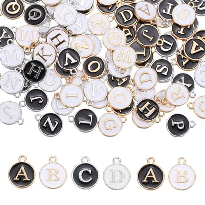 MECCANIXITY Letter Initial Charm Double Sided Alphabet Pendants A-Z Letter Charm for Jewelry Making Necklaces Bracelets Earrings DIY Accessories - color: White/Black with Gold/Silver Trim