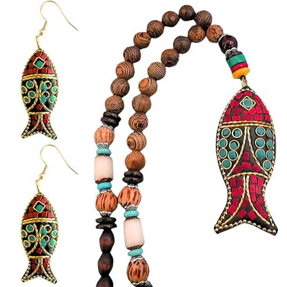 Bohemian Beaded Necklace for Women Long Boho Pendant Wood Mala Beads Wooden Strand Tassel Stone Bohemian Necklaces for Women Jewelry - style: Good Luck Fish