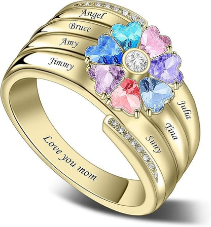 Custom Multi-Stone Family Ring 925 Sterling Silver/10K/14K/18K Gold Colored Personalized (2-8 stones) Birthstone Engraved Ring for Women Mom Wife Jewelry Gifts - style: Seven Stone