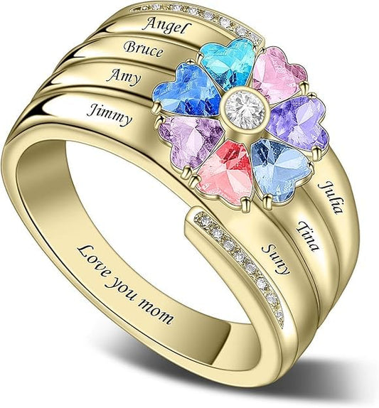 Custom Multi-Stone Family Ring 925 Sterling Silver/10K/14K/18K Gold Colored Personalized (2-8 stones) Birthstone Engraved Ring for Women Mom Wife Jewelry Gifts - style: Seven Stone