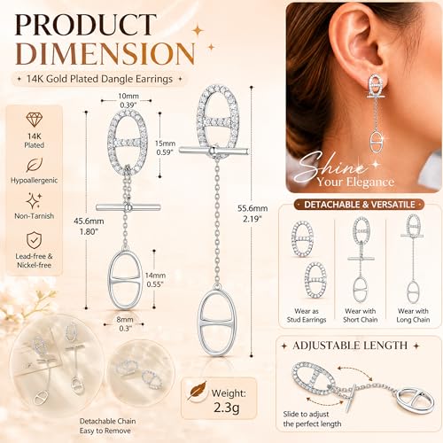 14K Gold CZ Dangle Earrings for Women, Convertible Drop | Detachable chain design with geometric CZ sparkle, hypoallergenic and non-tarnishing. Two styles for elegant everyday wear
