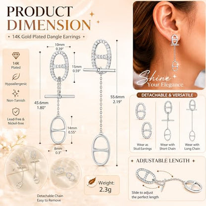 14K Gold CZ Dangle Earrings for Women, Convertible Drop | Detachable chain design with geometric CZ sparkle, hypoallergenic and non-tarnishing. Two styles for elegant everyday wear