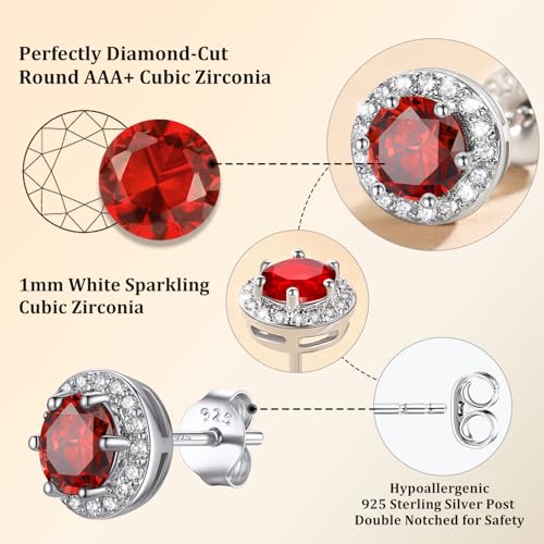 Bestyle 8mm Small Birthstone Earrings for Women with Hypoallergenic Sterling Silver Post,Sparkle Heart/Round Womens Studs Earrings, Great Birthday/Christmas/Anniversary Jewelry for Wife Mother - color: 07. July Ruby-Round