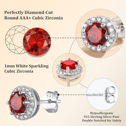 Bestyle 8mm Small Birthstone Earrings for Women with Hypoallergenic Sterling Silver Post,Sparkle Heart/Round Womens Studs Earrings, Great Birthday/Christmas/Anniversary Jewelry for Wife Mother - color: 07. July Ruby-Round