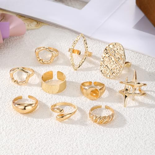 Chunky Rings for Women Non Tarnish 14k Stackable Dome Statement Rings Sets Vintage Dainty Knuckle Open Midi Finger Rings Jewelry Pack Gifts - style: 10PCS