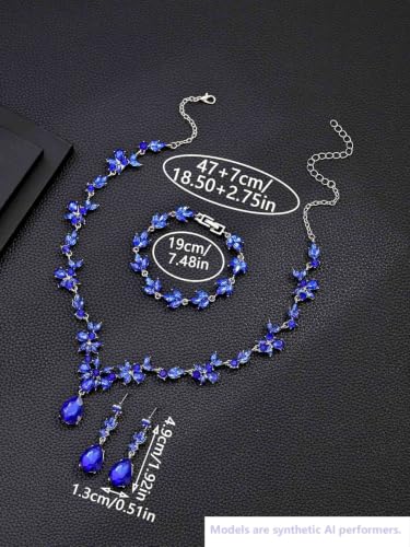 Kamirola Bridal Jewelry Set, Jewelry Set for Women, Necklace Dangle Earrings Bracelet Set, White Gold Plated (TR76) - color: Blue