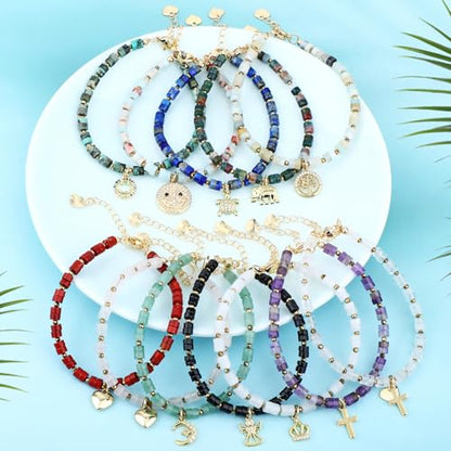 Natural Gemstone Healing Crystal Dainty Charms Bracelet Adjustable Chain Extender Minimalist Jewelry - color: Lapis + Turtle