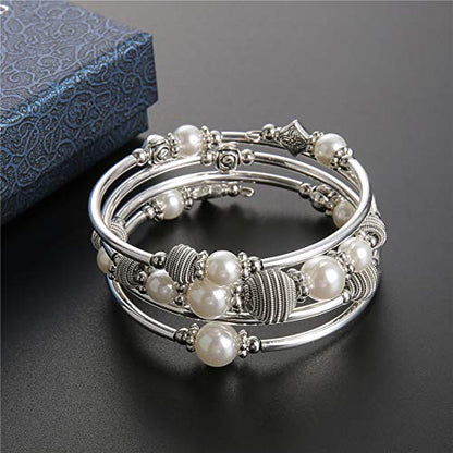 PEARL&CLUB Beaded Chakra Bangle Turquoise Bracelet - Fashion Jewelry Wrap Bracelet with Thick Silver Metal and Mala Beads, Birthday Gifts For Women - color: White Pearl