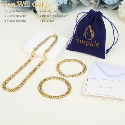 3PCS Figaro Necklace Bracelet Cuban Bracelet, Silver Gold Black Sturdy 316L Stainless Steel Cuban Link Figaro Chain for Men Jewelry Set with Gift Message Card 8mm, 7/8/9 Inches - color: Gold, size: Bracelet width:7 inches