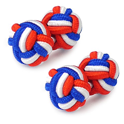 HONEY BEAR Round Silk Knot Elastic Fabric Cufflinks for Men Women 1 Pair | Wedding Business, Tarnish-Resistant, for Groomsmen, Father, Husband, Wife, Anniversary, and Formal Events - style: Blue+Whie+Red