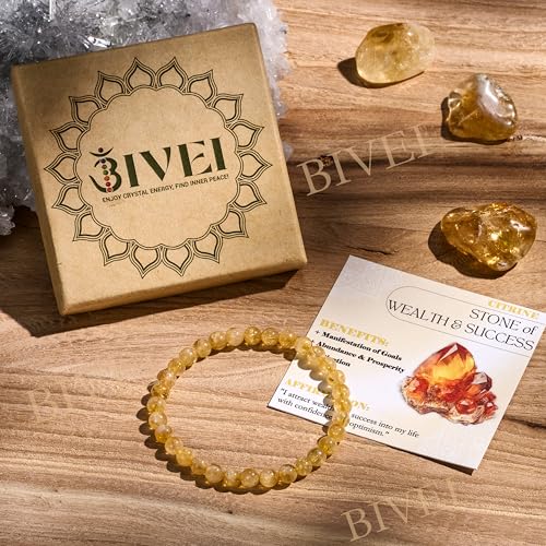 Bivei 6mm Beaded Bracelets for Women Handmade Semi Precious Natural Stone Stretch Elastic Jewelry Yoga Protection Gifts - color: Citrine - Wealth & Success, size: Small 6.5-6.7 inch
