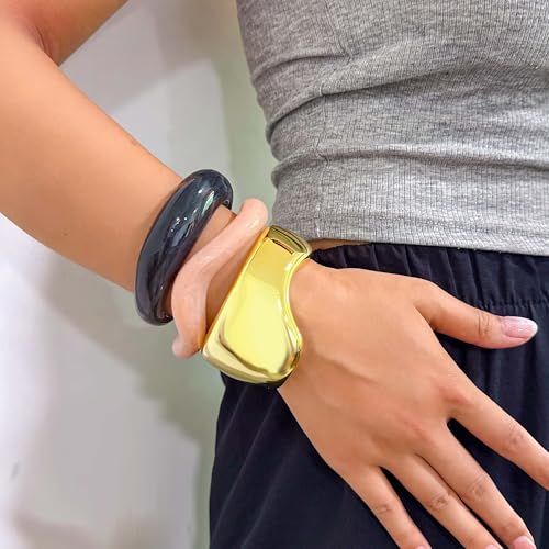 2PCS Chunky Acrylic Bracelet for Women Large Square Resin Cuff Vintage Open Bangle Bracelets Wide Geometric Jewelry - style: A-gold+black+pink
