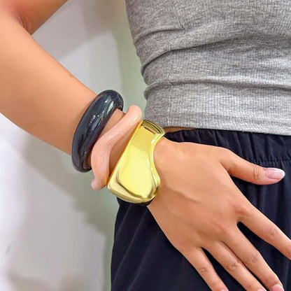 2PCS Chunky Acrylic Bracelet for Women Large Square Resin Cuff Vintage Open Bangle Bracelets Wide Geometric Jewelry - style: A-gold+black+pink