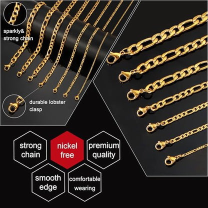 Monily 24K Gold Plated Figaro Chain Stainless Steel Necklace Men Women - color: 24K Gold Plated 12mm