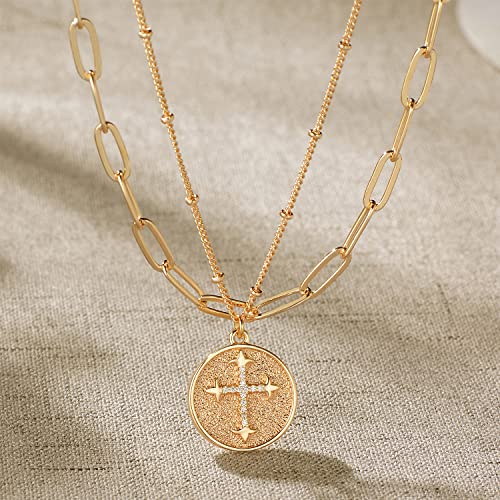 MEVECCO Dainty Pendant Layered Necklaces for Women | 18K Gold Plated Brass, 2-Piece Set With A Choker-Length Upper Layer, Wear Together Or Separately, Refined Everyday Style - style: Layer Round Cross