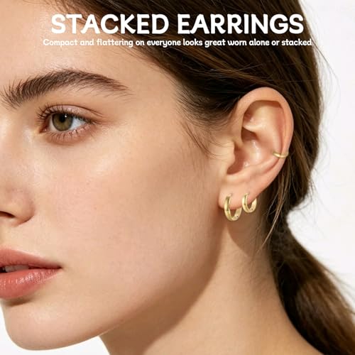 3 Pairs Stainless Steel Hoop Earrings for Men & Women | Minimalist Gold Plated Small Hinged Segment Ring Hypoallergenic Huggie Ear Cartilage Helix Tragus Piercing Jewelry 9/12/14mm