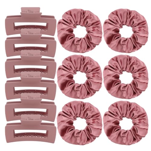 12Pcs Hair Clips & Satin Hair Scrunchies Set for Women, Dusty Rose | 6 Medium Matte Non-Slip Claw Clips for Thin Thick Curly Hair, 6 Soft Satin Scrunchies, Hair Accessories for Women Daily Wear - color: Dusty Rose Set