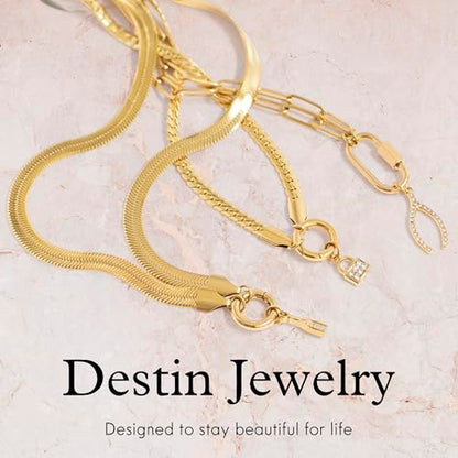 Destin Jewelry 18K Gold Plated Herringbone Necklace for Women and Men, Waterproof Flat Snake Chain, Stainless Steel Non Tarnish Layering Necklace - color: Gold, size: 16" + 2"