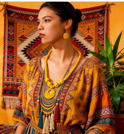 LOTSOF Boho Wooden Beaded Necklace and Earring Set for Women, Bohemian Chunky Statement Costume Jewelry, Round Drop Pendant Retro Ethnic Accessories Ladies Gift - color: Yellow
