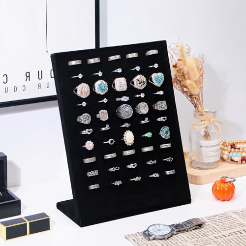 Ring Display Stand, Velvet Ring Holder, 50 Slots Rings Organizer Jewelry Display Tray, L-Shaped Jewelry Organizer Stand for Rings Earrings Selling (1, Black) - color: Black