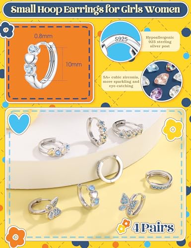 925 Sterling Silver Post Small Hoop Earrings For Girls - Hypoallergenic Huggie Earrings for Women Cute Heart Flowers Butterfly Star Cubic Zirconia Cartilage Earrings For Sensitive Ears 4Pairs - color: Blue