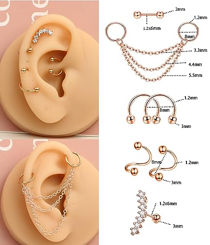 TIANCI FBYJS 7-16pcs 14G Stainless Steel Industrial Piercing Barbell Earring Cartilage Body Jewelry 38mm 1&1/2 Inch Industrial Piercing Bar for Women Men Snake Chain Dangle - color: rose gold