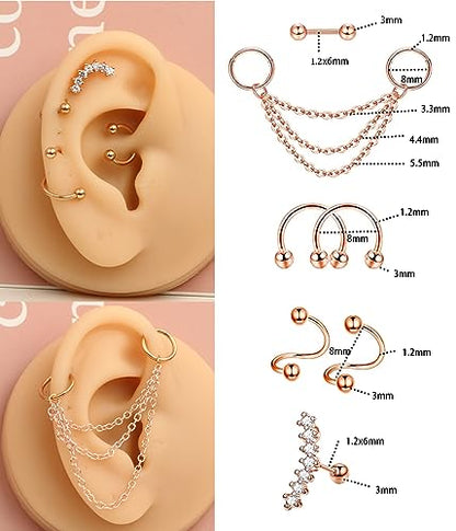 TIANCI FBYJS 7-16pcs 14G Stainless Steel Industrial Piercing Barbell Earring Cartilage Body Jewelry 38mm 1&1/2 Inch Industrial Piercing Bar for Women Men Snake Chain Dangle - color: rose gold