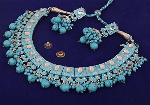 Touchstone Indian Bollywood Traditional Craftsmanship Mughal Designer Jewelry Wedding Necklace Set in Antique Gold Or White Tone for Women. - style: D001 Turquoise