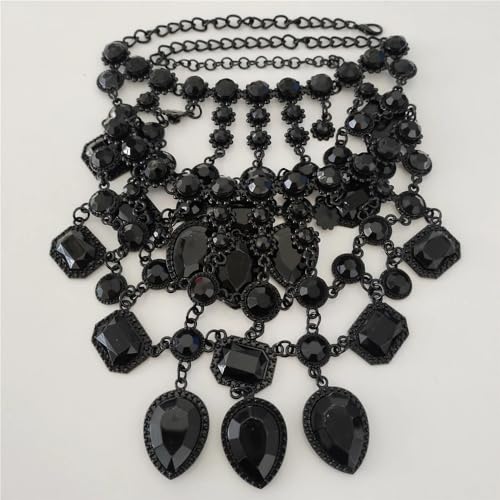 925 Sterling Silver Bib Jewelry Sets For Women - ZA Indian Ethnic Round Water Drop Crystal Tassel Necklace Earrings Jewelry Sets Statement Large, Chunky Rhinestone Necklace - color: Black - Bib Necklace